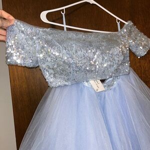 Elegant Light Blue Two Piece Ruffled Gown